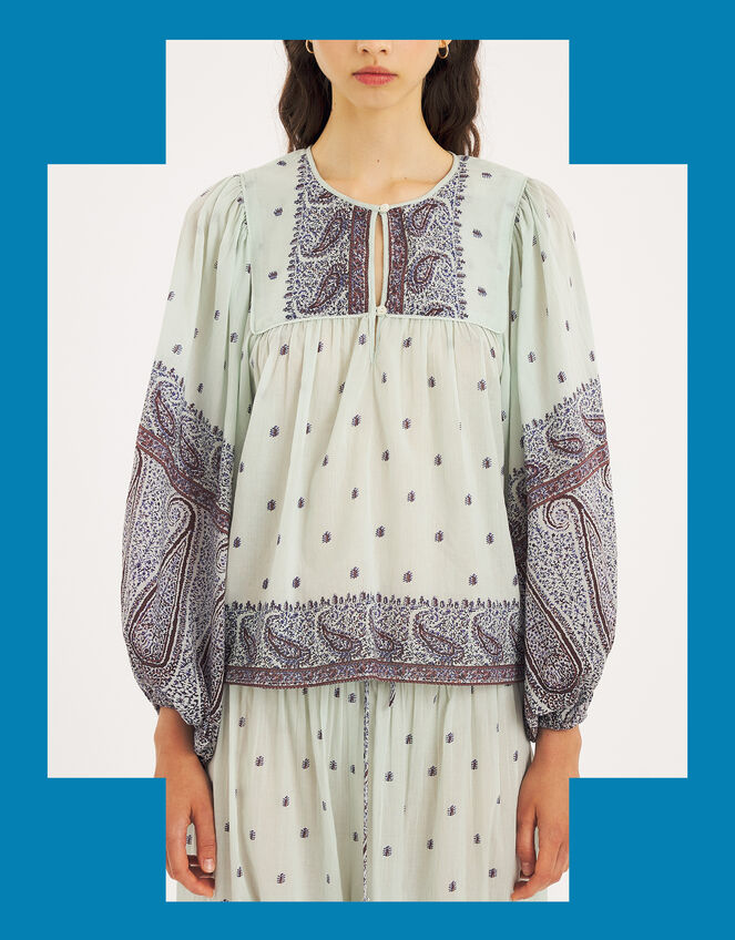 Antik Batik Johri Hand-Woven Paisley Blouse, Blue (AQUA), large