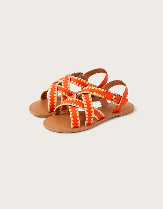 Leather Criss-Cross Flat Sandals, Orange (ORANGE), large