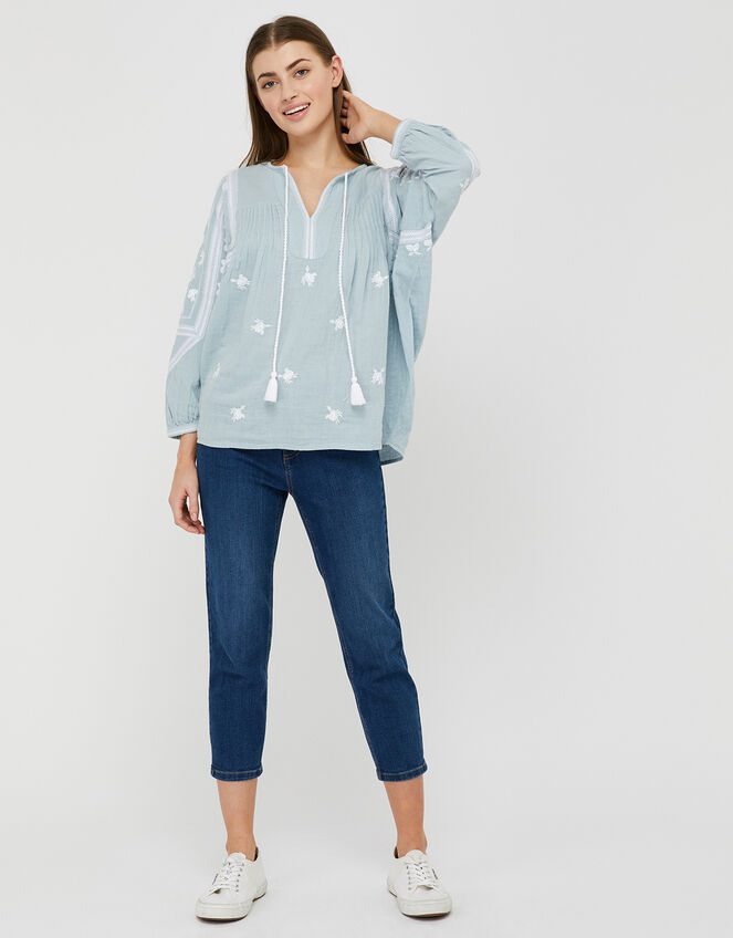 Ellen Embroidered Tassel Blouse, Blue (BLUE), large