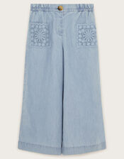 Wide Leg Chambray Trousers, Blue (BLUE), large