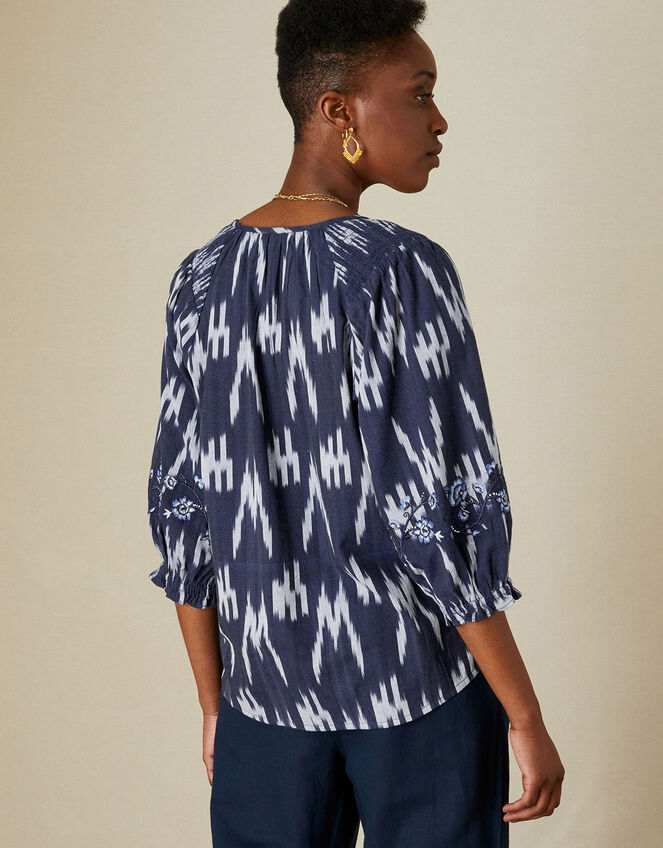 Premium Ikat Print Embroidered Top, Blue (NAVY), large
