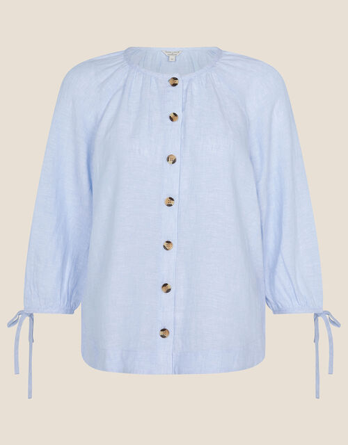 Button Through Chambray Linen Blouse, Blue (BLUE), large