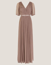 Ellie Sheer Sleeve Plunge Tulle Maxi Dress, Mink (MINK), large