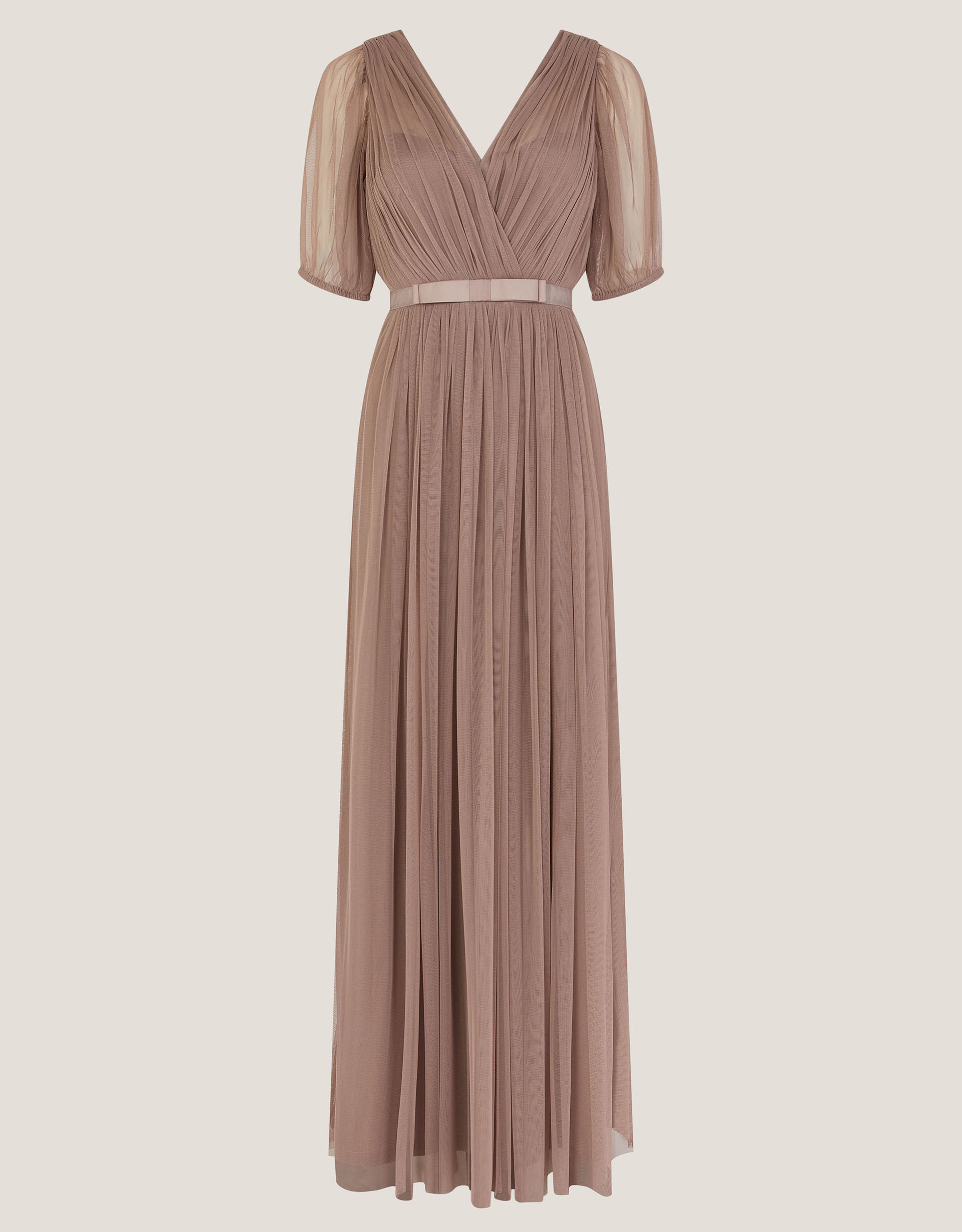Ellie Sheer Sleeve Plunge Tulle Maxi Dress, Mink (MINK), large