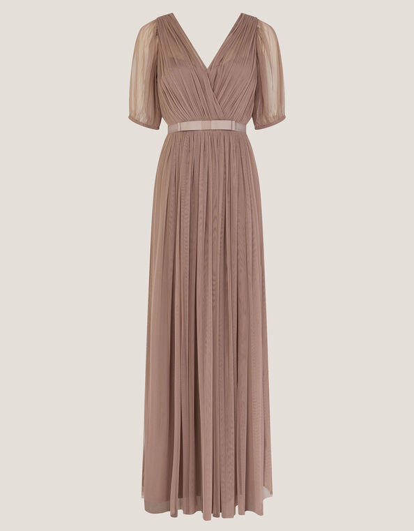 Ellie Sheer Sleeve Plunge Tulle Maxi Dress, Mink (MINK), large