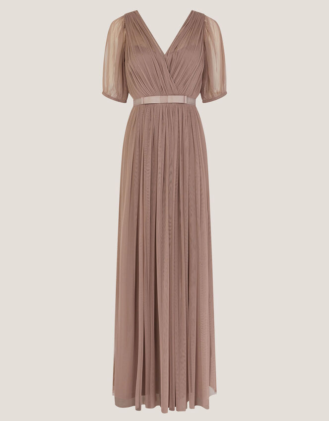 Ellie Sheer Sleeve Plunge Tulle Maxi Dress, Mink (MINK), large