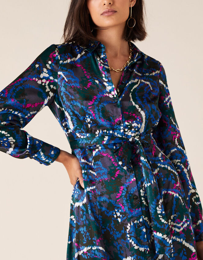 Paisley Print Satin Shirt Dress, Blue (NAVY), large