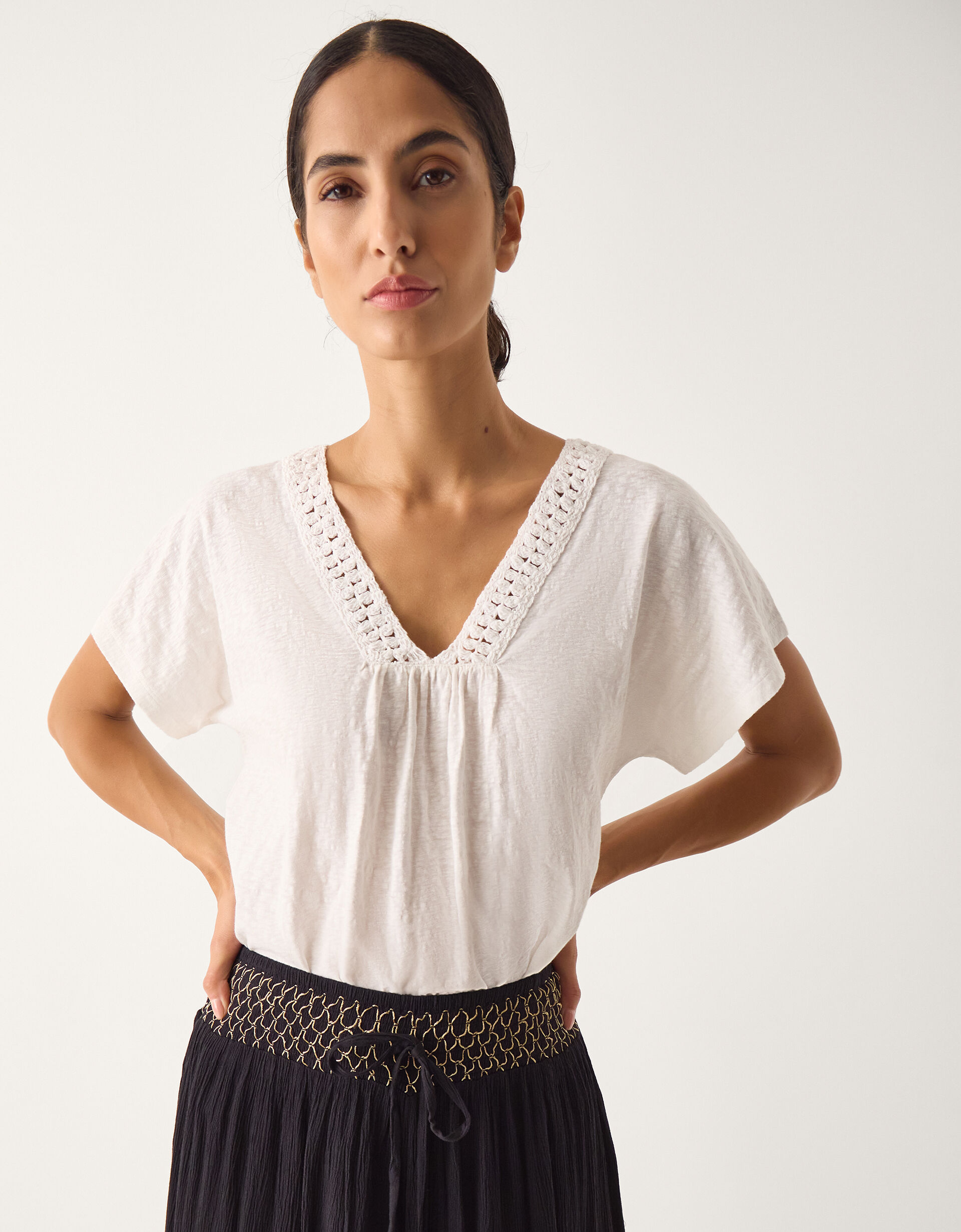 Amaya Crochet V-Neck T-Shirt White