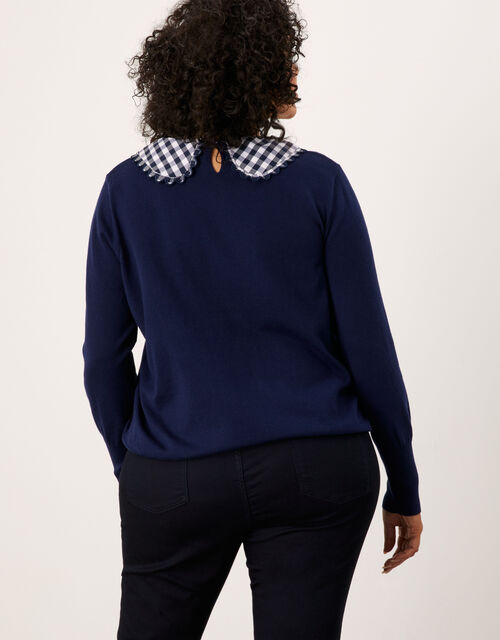 Yasmine Gingham Collar Jumper in Recycled Polyester, Blue (NAVY), large