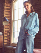 Printed Wide Collar Blouse, Blue (BLUE), large