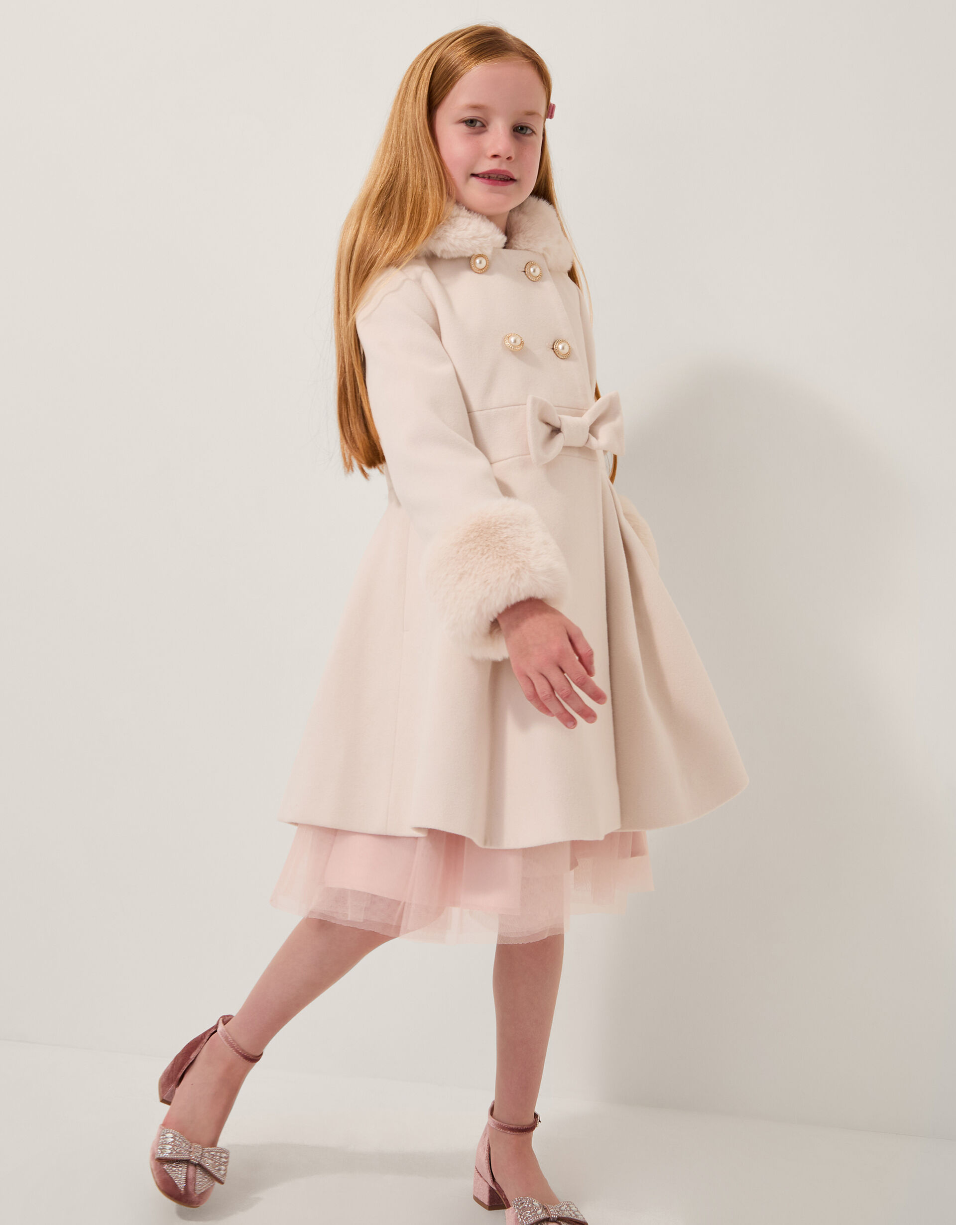 Faux Fur Hood Double Breasted Coat Cream