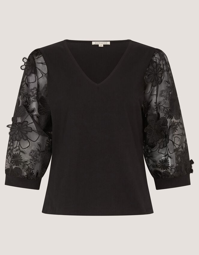 Fi Floral Appliqu&eacute; Jersey Top, Black (BLACK), large