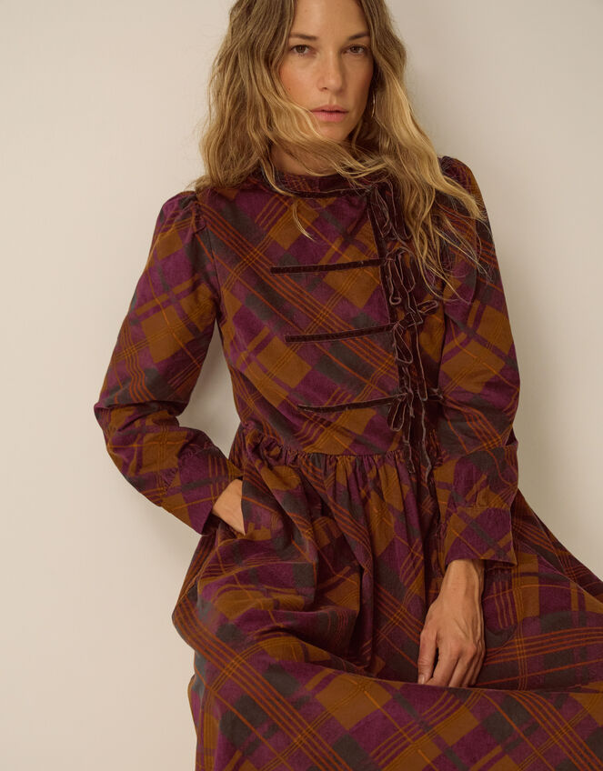 Melinda Check Print Corduroy Midi Dress, Brown (BROWN), large