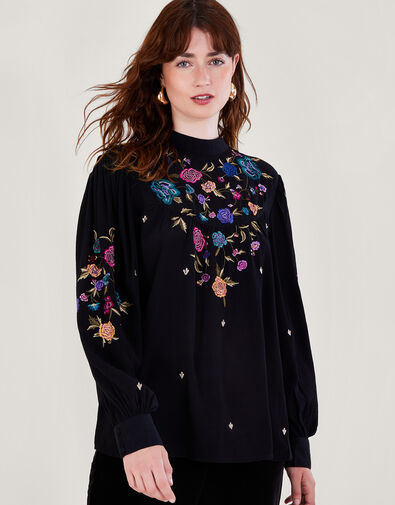 Freya Embroidered Bib Blouse, Black (BLACK), large