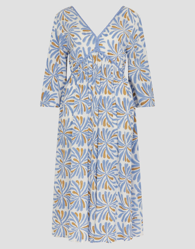 Cece V-Neck Woodblock Print Midi Dress, Blue (BLUE), large