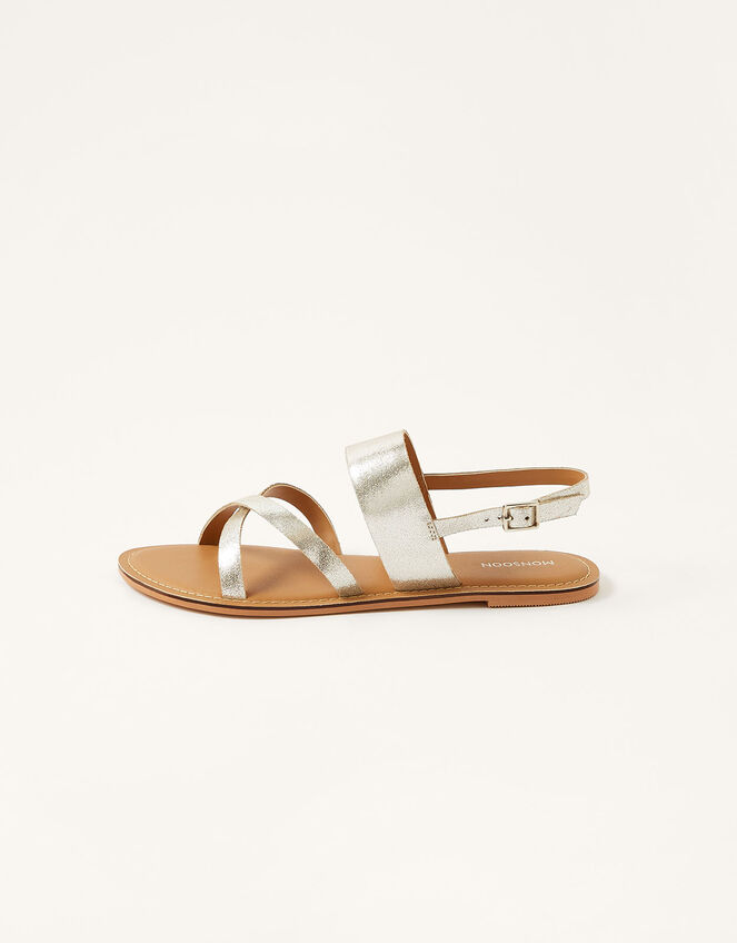 Metallic Leather Cross-Over Sandals, Silver (SILVER), large
