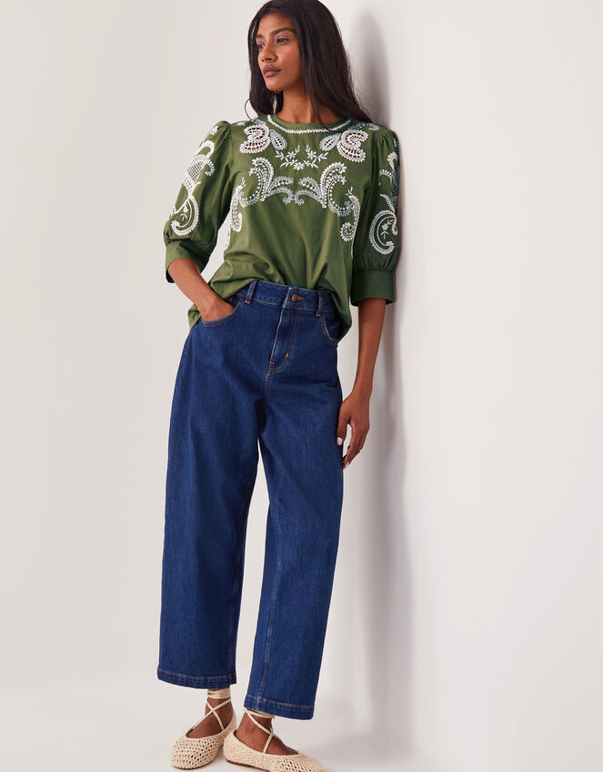Noemi Embroidered Cotton Top, Green (KHAKI), large