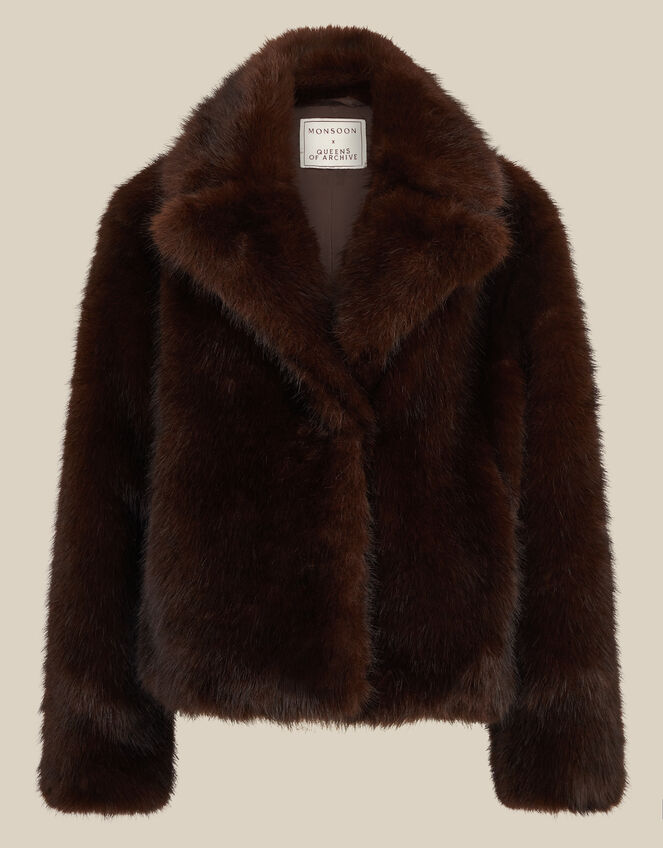 Monsoon x Queens of Archive Betty Short Faux Fur Coat​, Brown (BROWN), large