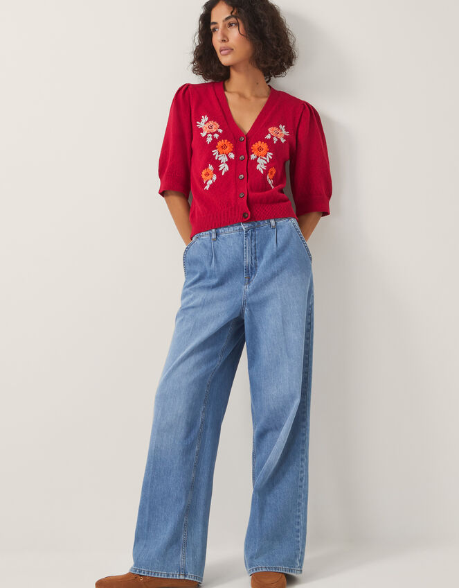 Ellen Short Sleeve Floral Embroidered Cardigan, Red (RED), large