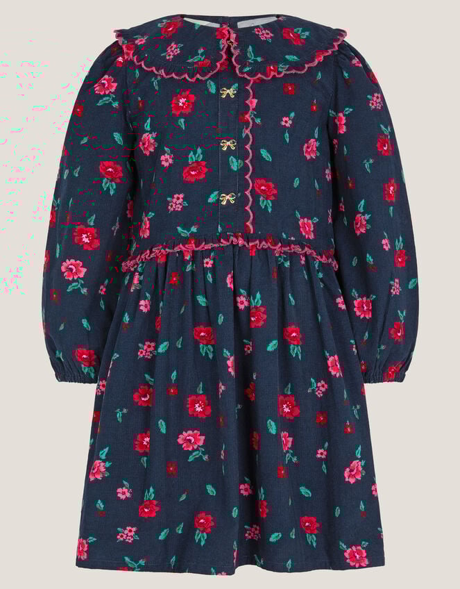 Floral Print Corduroy Dress, Blue (NAVY), large