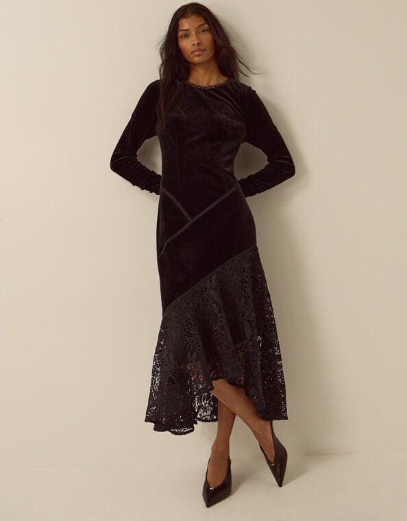 Beatrix Velvet Lace Midi Dress, Black (BLACK), large