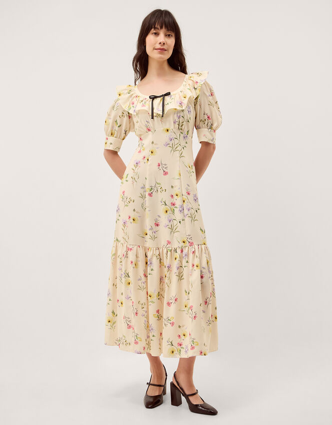 Sienna Frill Neck Floral Midi Dress Ivory