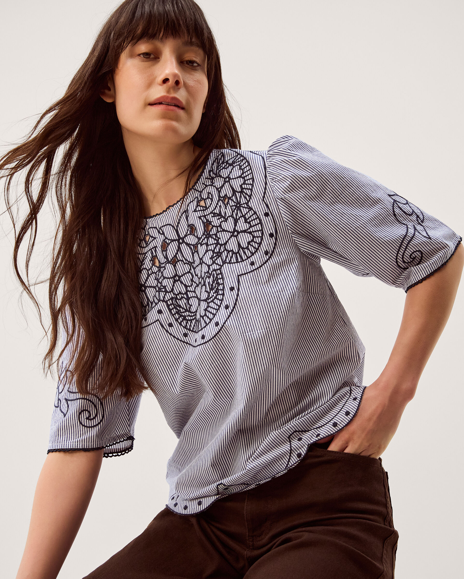 Kirsty Embroidered Stripe Top Blue