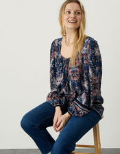 Elaina Paisley Square Neck Top, Blue (BLUE), large