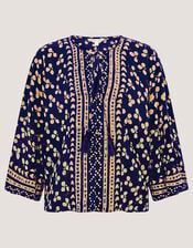 Clover Print Tassel Top, Blue (NAVY), large