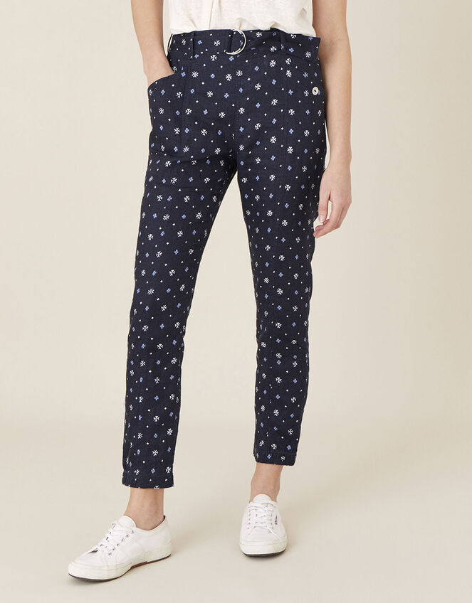 Dolly Printed Trousers in Pure Linen, Blue (NAVY), large
