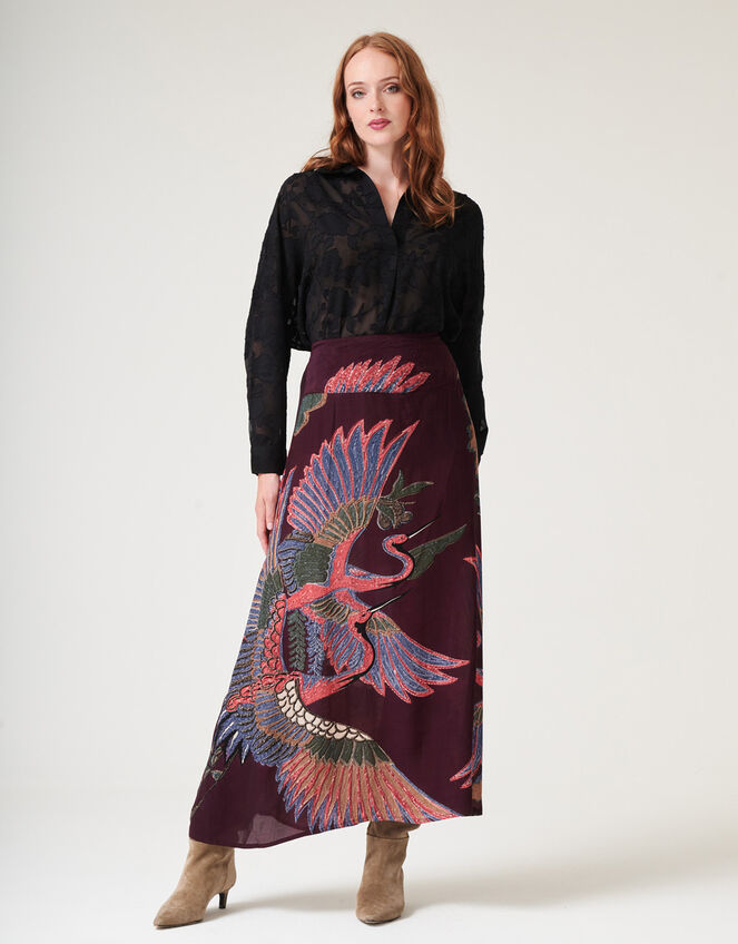 One Hundred Stars Crane Print Midi Skirt, Purple (PLUM), large