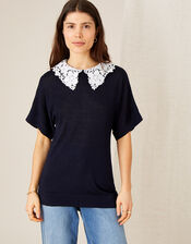 Short Sleeve Collar Jumper in Linen Blend, Blue (NAVY), large