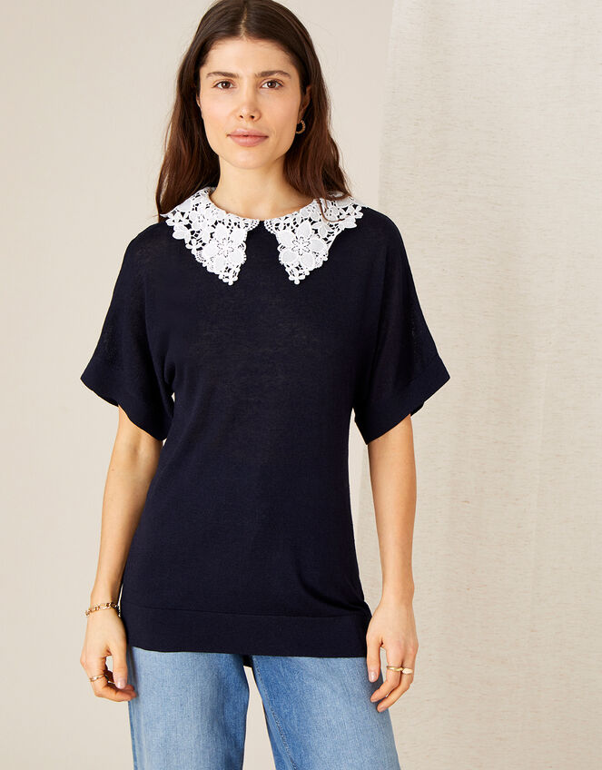 Short Sleeve Collar Jumper in Linen Blend, Blue (NAVY), large