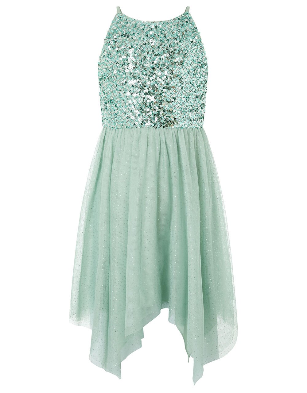 Truth Sequin Sparkle Hanky Hem Dress Green | Girls' Dresses | Monsoon UK.