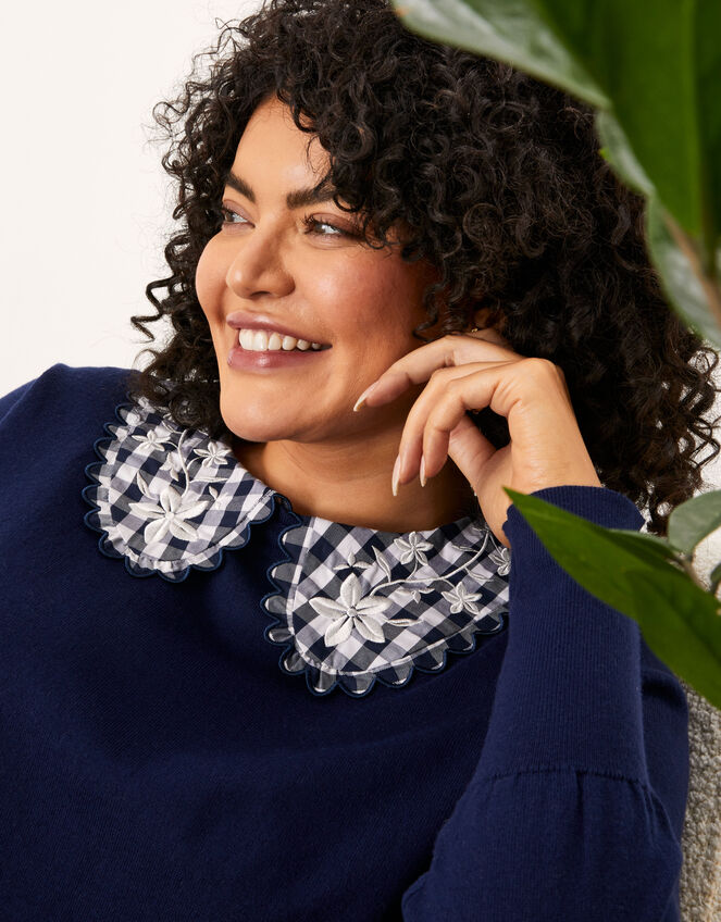 Yasmine Gingham Collar Jumper in Recycled Polyester, Blue (NAVY), large