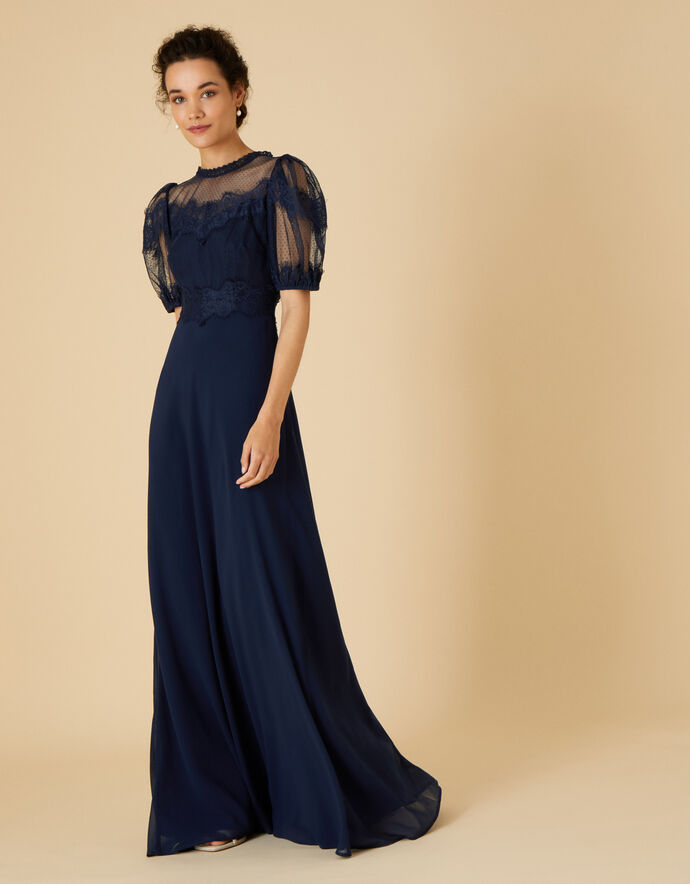 Blue abstract print chantily lace panels long dress