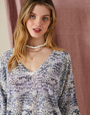 Abstract Animal Print Linen V-Neck Jumper, Blue (BLUE), large