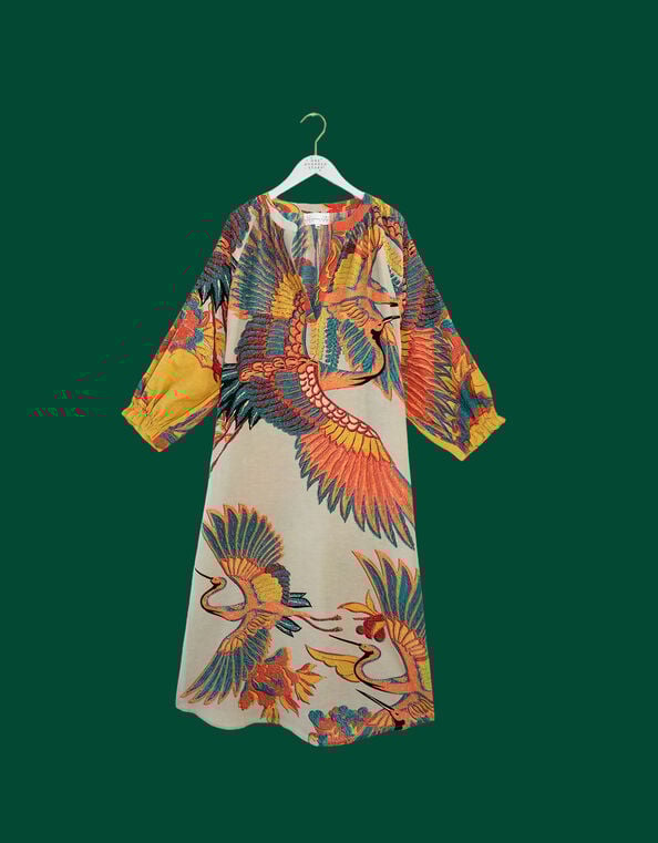 One Hundred Stars Crane Print Midi Dress, Natural (STONE), large