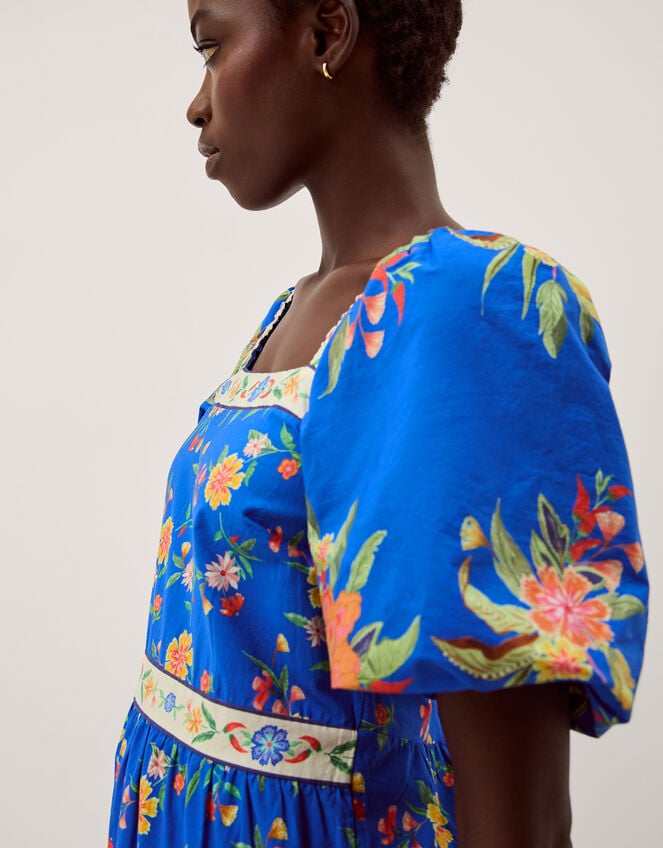 Mona Puff Sleeve Floral Midi Dress, Blue (COBALT), large