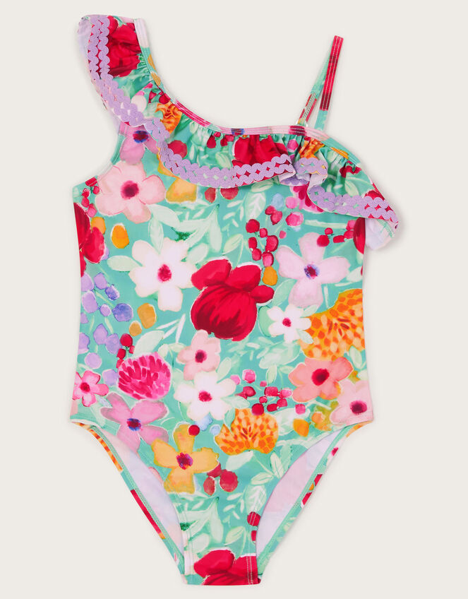 Floral Asymmetrical Frill Swimsuit, Green (GREEN), large