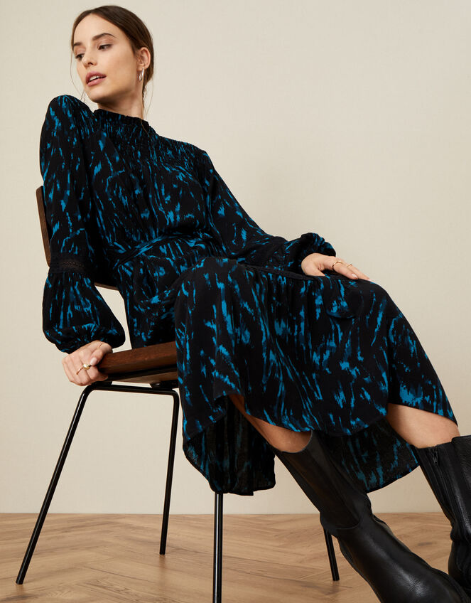 Zebra Print Tiered Midi Dress, Black (BLACK), large
