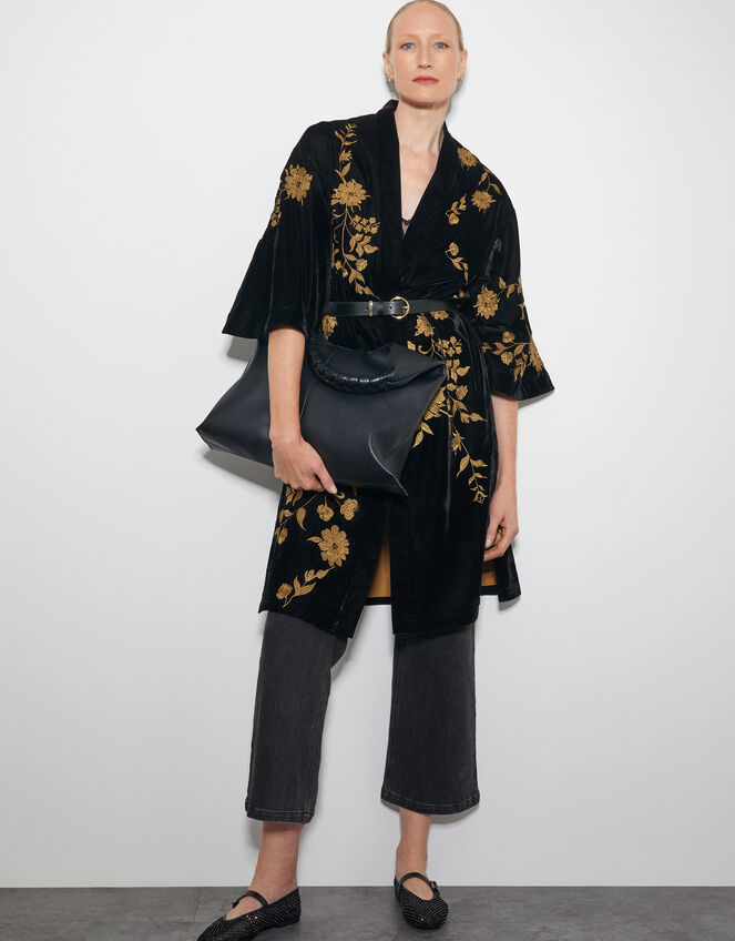 Kendra Embroidered Floral Velvet Kimono, Black (BLACK), large