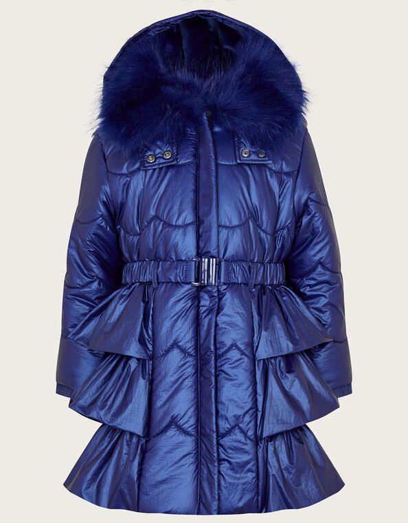 Shimmer Ruffle Hem Padded Coat, Blue (BLUE), large