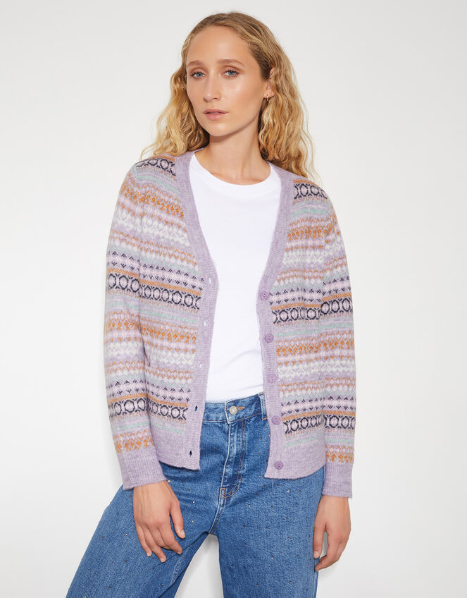 Fliss Fair Isle Cardigan, Purple (LILAC), large