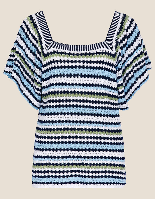 Crochet Stitch Neck Jumper in Cotton Blend, Blue (BLUE), large