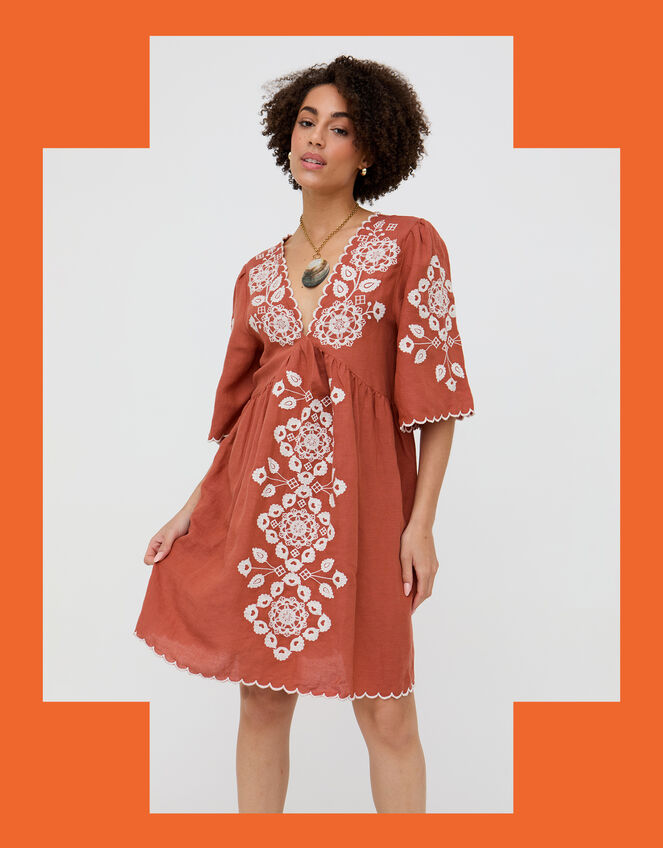 Raffya Arabella Embroidered Mini Dress, Orange (RUST), large
