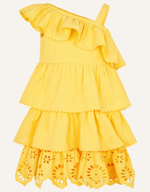 Layered Frill Broderie Dress, Yellow (YELLOW), large