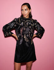 Fenix Embellished Feather Dress, Black (BLACK), large