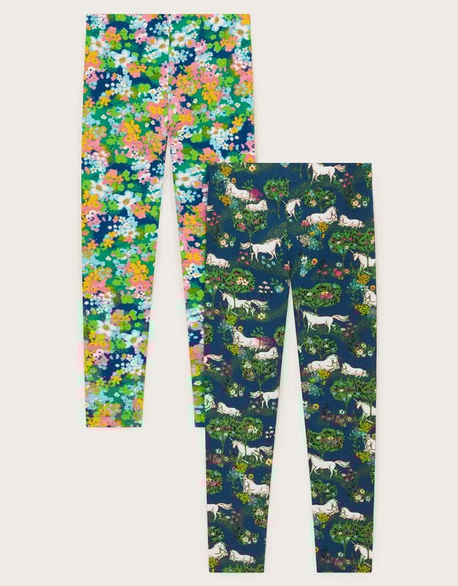 2-Pack Unicorn Floral Leggings, Blue (NAVY), large