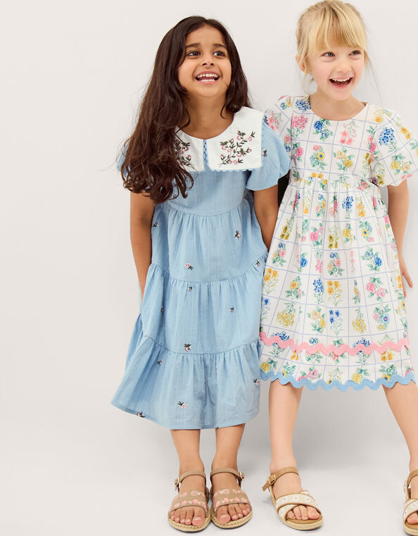 Floral Embroidered Collar Dobby Dress, Blue (BLUE), large